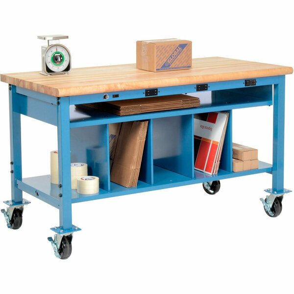 Global Industrial Mobile Packing Workbench W/Lower Shelf & Power, Maple Safety Edge, 60inWx30inD 244209AB